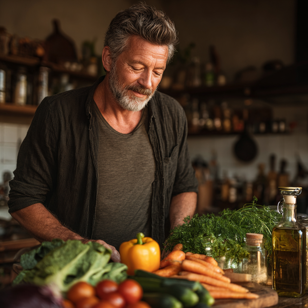 Adulto de 55 años en su cocina organizando ingredientes frescos y variados según su plan nutricional personalizado, mostrando satisfacción al preparar una comida saludable