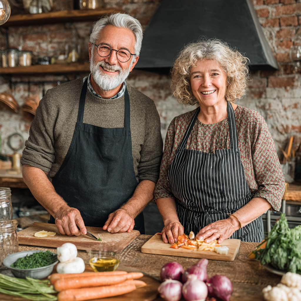 Pareja de adultos de 50-60 años cocinando juntos ingredientes frescos y saludables en una cocina moderna, sonriendo mientras preparan una comida nutritiva