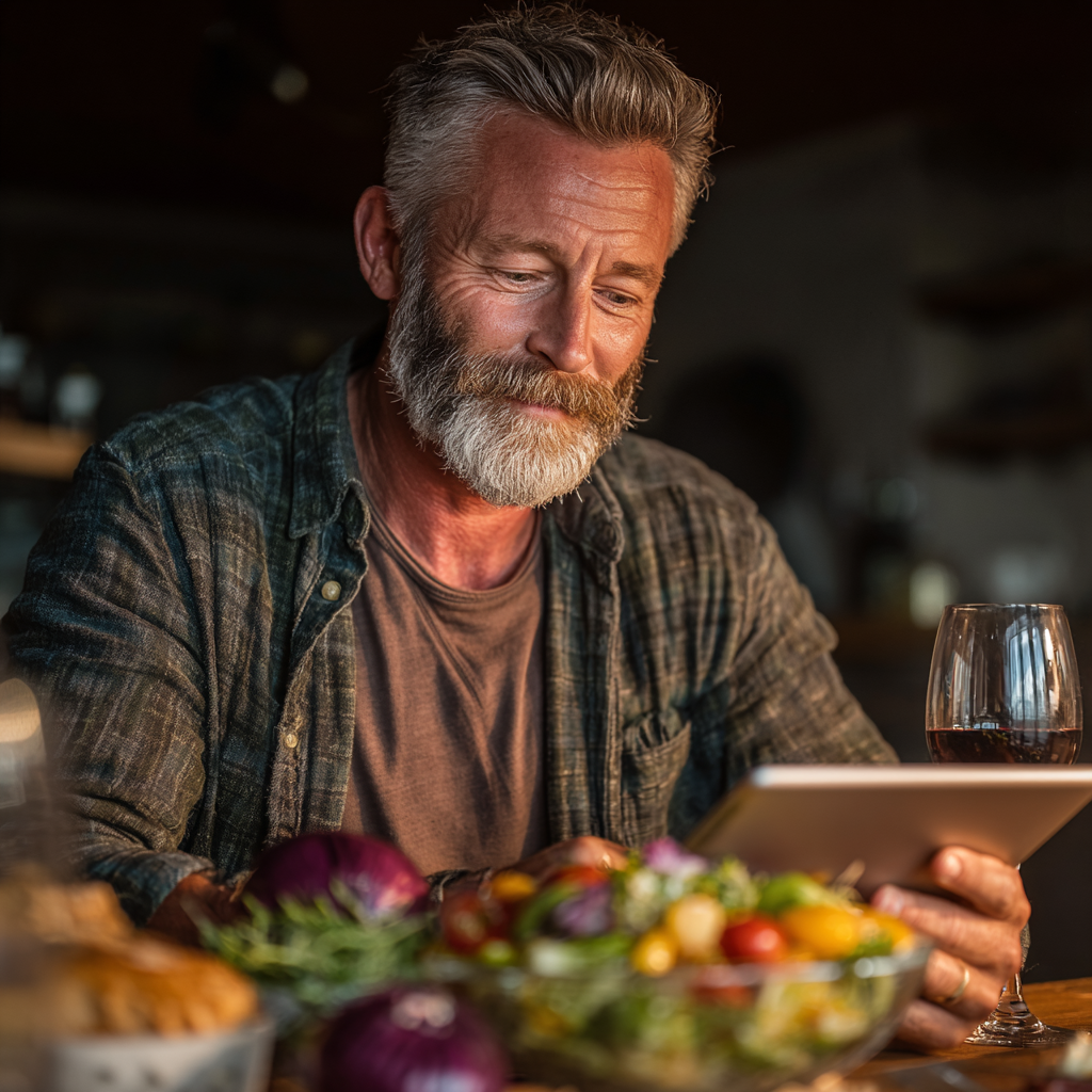 Persona de mediana edad de aproximadamente 60 años revisando su progreso nutricional en una tablet mientras disfruta de una comida colorida y saludable en un ambiente relajado de su hogar